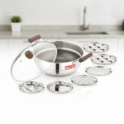 MaxFresh stainless steel multi-kadai with wooden handles and glass lid, plus seven interchangeable cooking plates